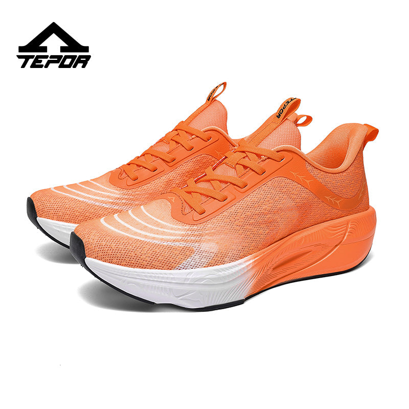 ApexRush performance sneaker side profile: breathable fabric-yarn upper, gold half-palm carbon plate, 3D bionic arch insole, TEPOR-WAVE energy midsole and rubber-plastic fusion outsole with 4 cm hidden lift.