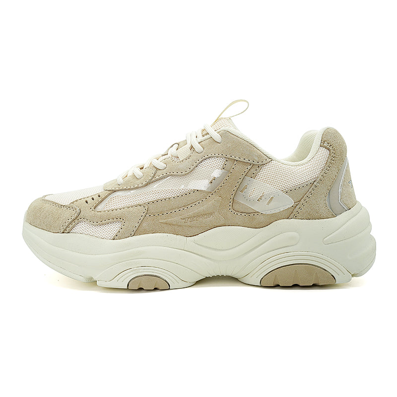 A pair of beige chunky sneakers with a thick sole and a combination of materials, suitable for casual and trendy wear.
