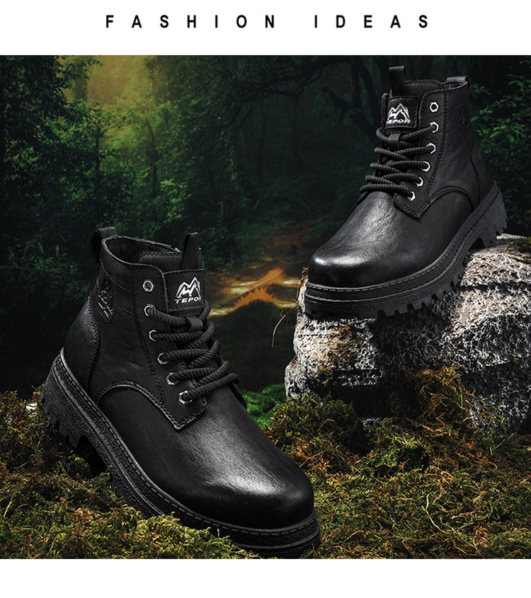 A pair of black QinLing Trinity Retro Sneakers, positioned on mossy ground and a rock within a forest setting, highlighting their style and outdoor adaptability.