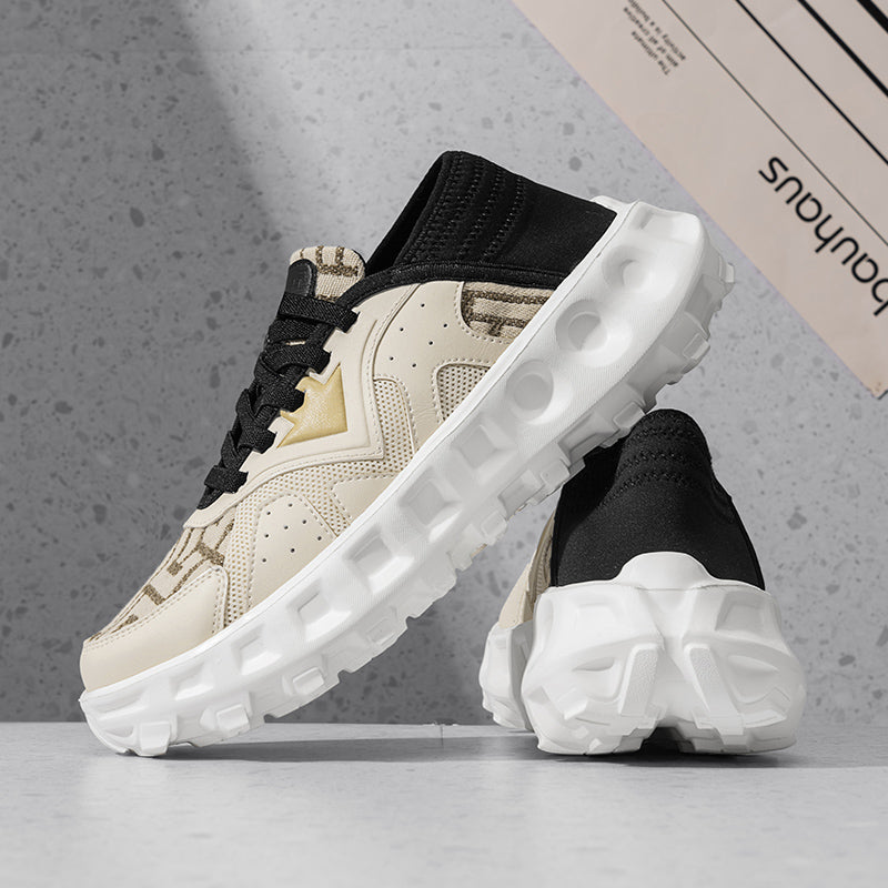 Haus Retro Platform Sneakers, ideal for hot commutes and summer adventures. Boasts ultra-ventilated single-layer air-mesh upper for 360° breathability, moisture-wicking lining with perforated memory-foam insole, feather-light EVA midsole for shock absorption, and flexible rubber outsole for grip on various surfaces.