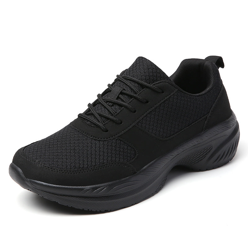 All - black sports shoes with a breathable mesh upper, lace - up design, and a cushioned sole, suitable for both men and women, displayed against a white background.