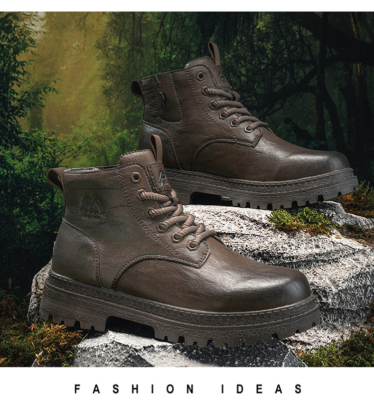 A pair of QinLing Trinity Retro Sneakers, displayed in a forest environment with rocky terrain and lush greenery, showcasing their design and suitability for outdoor activities.