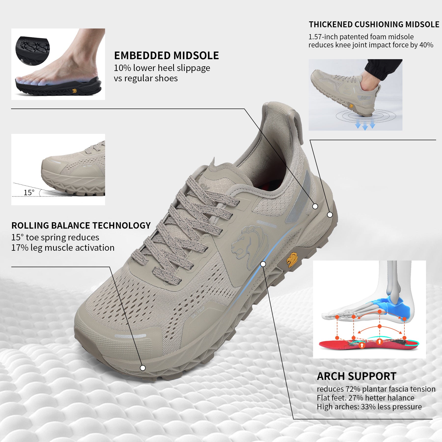 Walker 8001 Grey Trail Shoes - Breathable Mesh Upper Close-up