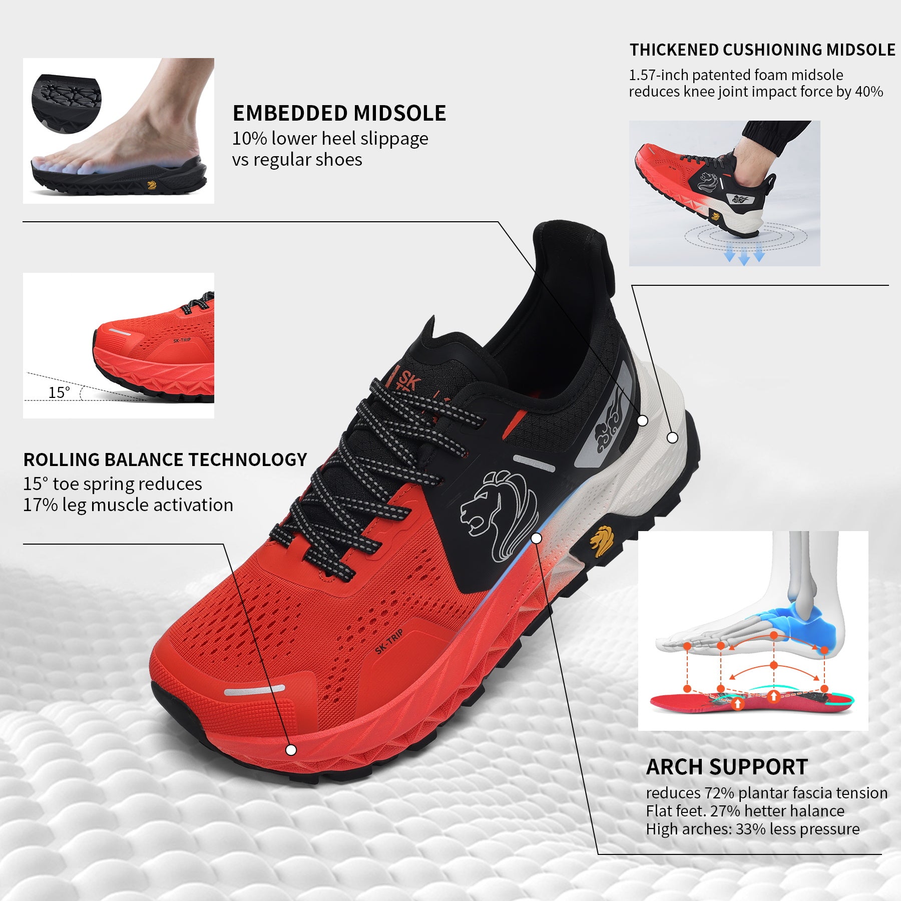 Walker 8001 Red Running Shoes - Arch Support Technology