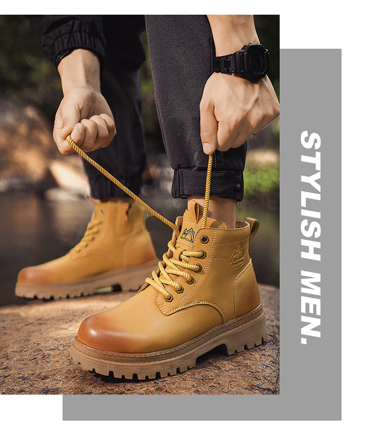 A person lacing up a pair of yellow QinLing Trinity Retro Sneakers, with an outdoor background featuring rocks and greenery, emphasizing the shoes' stylish and practical design for men.
