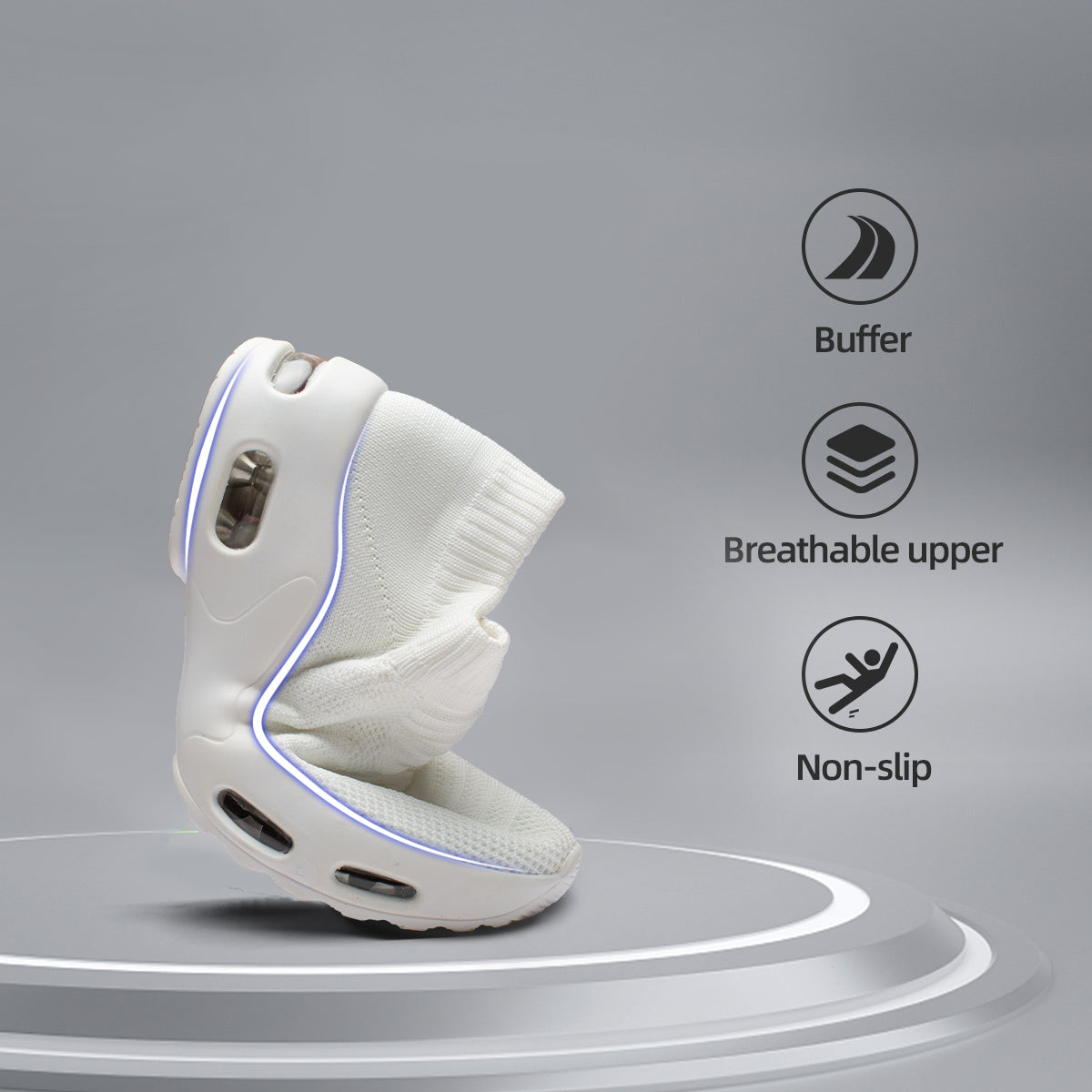 A flexible white sneaker folded to demonstrate its soft material on a podium. Icons to the right highlight three key features: Buffer (shock absorption), Breathable upper, and Non-slip sole