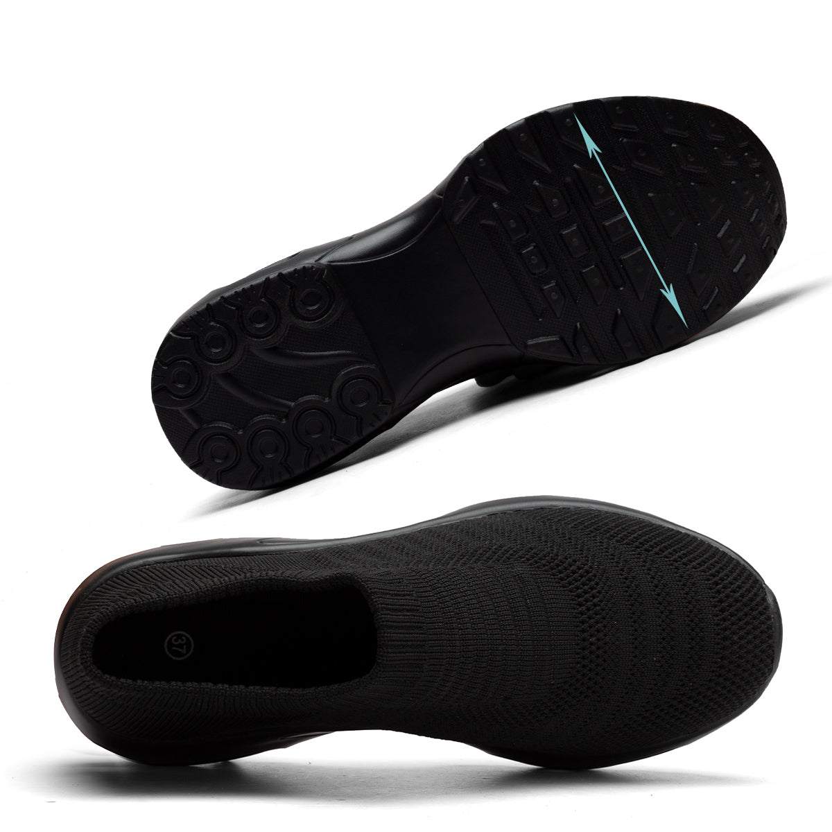 Black slip-on shoes shown from two angles on a white background