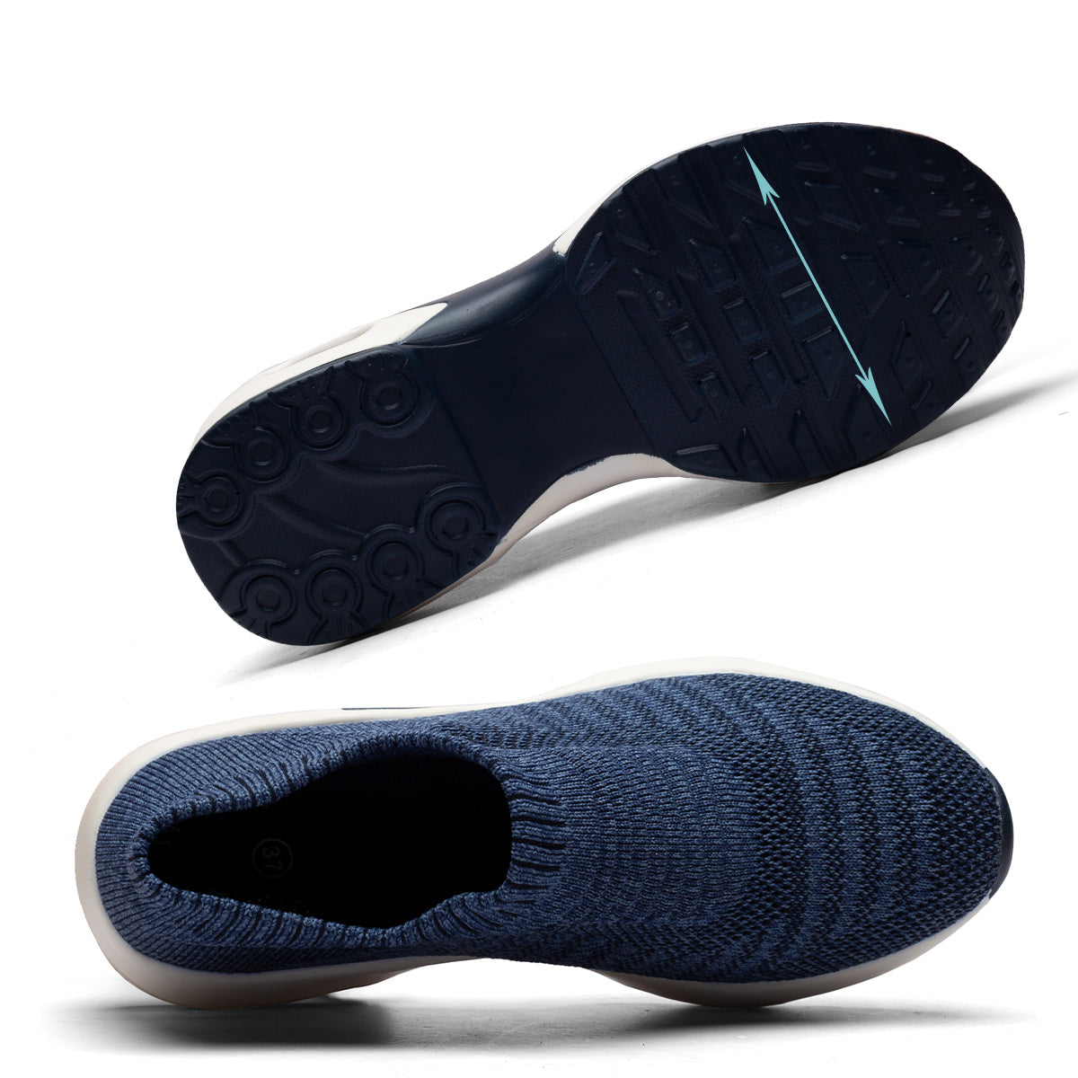 Top and bottom views of a navy blue knit sneaker, highlighting the textured non-slip outsole with a width indicator.