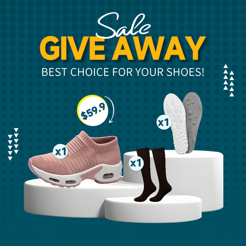 Promotional graphic for shoes, socks, and insoles with text 'Sale Give Away' on a blue background.