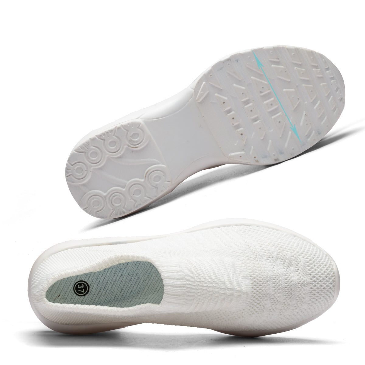 Top view of a white slip-on sneaker showing the opening and a size "37" sticker on the insole. Above it, the complete white rubber outsole of the matching shoe is displayed, showing the tread pattern and a light blue arrow indicating sole features
